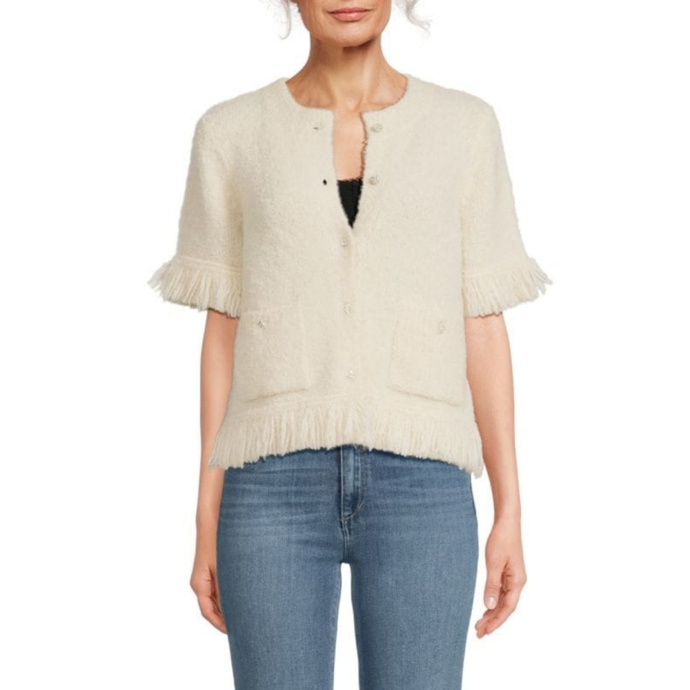 NWOT Design History ​Short-Sleeve Fringe Cardigan -Wool Blend Size S